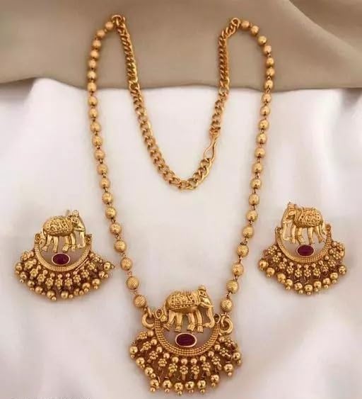 Gold Plated Traditional Elephant Pendant Necklace Jewellery Set with Earrings for Women & Girls | Beadwork Design, Adjustable Alloy Design No TEMPLE 226