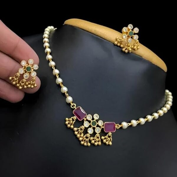 Gold Plated Pendant Chain | South Indian Jewellery for Women | Alloy Base with Pearls, Adjustable Design No TEMPAL227